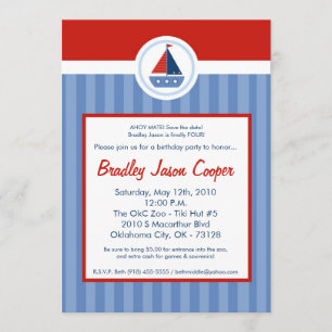 5x7 Nautic Sailor Sail Boat Birthday Invitation