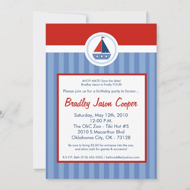 5x7 Nautic Sailor Sail Boat Birthday Invitation (Front)