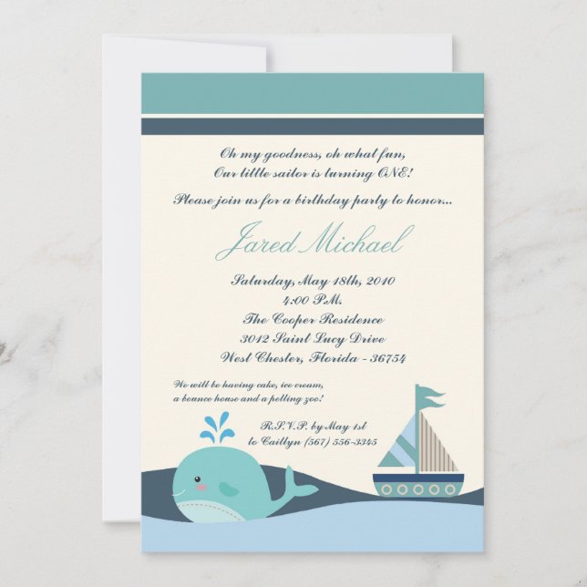 5x7 Nautical Sail Boat Whal Birthday Invitation (Front)