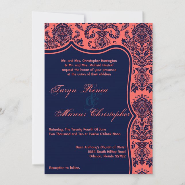 5x7 Navy Blue Coral Damask Lace Wedding Invitation (Front)
