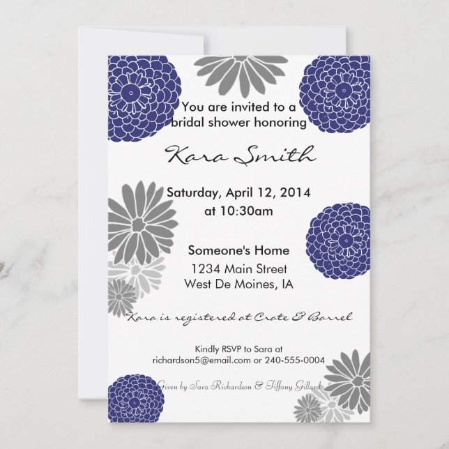 5x7 Navy Blue & Grey Bridal Shower Invitation (Front)