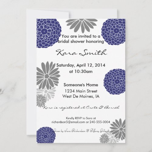 5x7 Navy Blue &amp; Grey Bridal Shower Invitation
