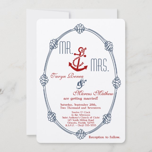 5x7 Navy Nautical Knot Anchor Wedding Invitation (Front)