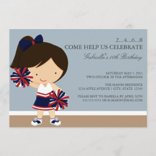 5x7 Navy/Red Cheerleader Birthday Party Invite