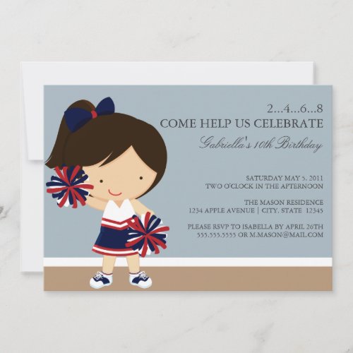5x7 Navy/Red Cheerleader Birthday Party Invite