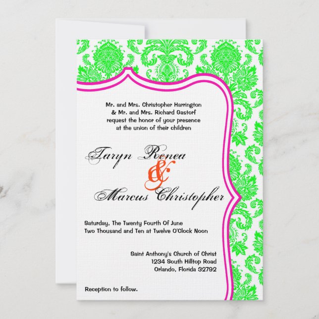 5x7 Neon Green Pink Damask Lace Wedding Invitation (Front)