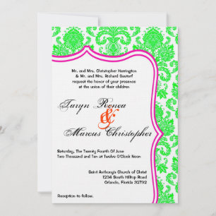 5x7 Neon Green Pink Damask Lace Wedding Invitation