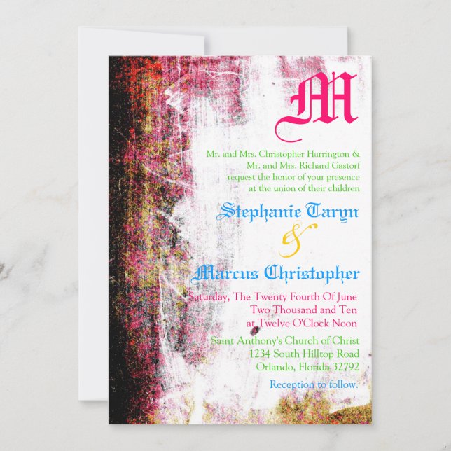 5x7 Neon Grunge Scratch Color Wedding Invitation (Front)