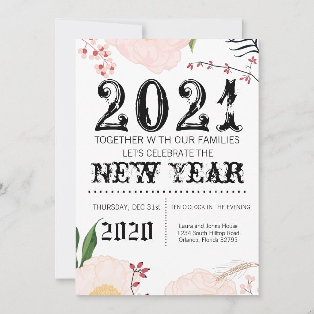 5x7  New Years Eve Invitation Baby Pink Cosmos on (Front)