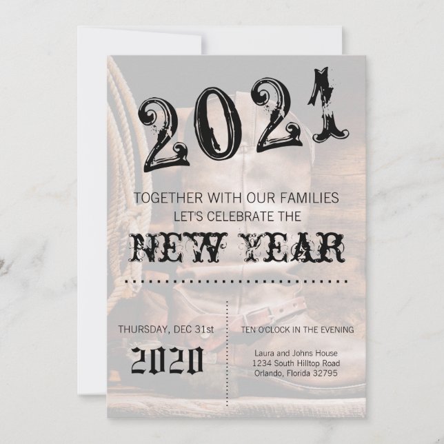5x7  New Years Eve Invitation Cowboy Boots Barn Wo (Front)