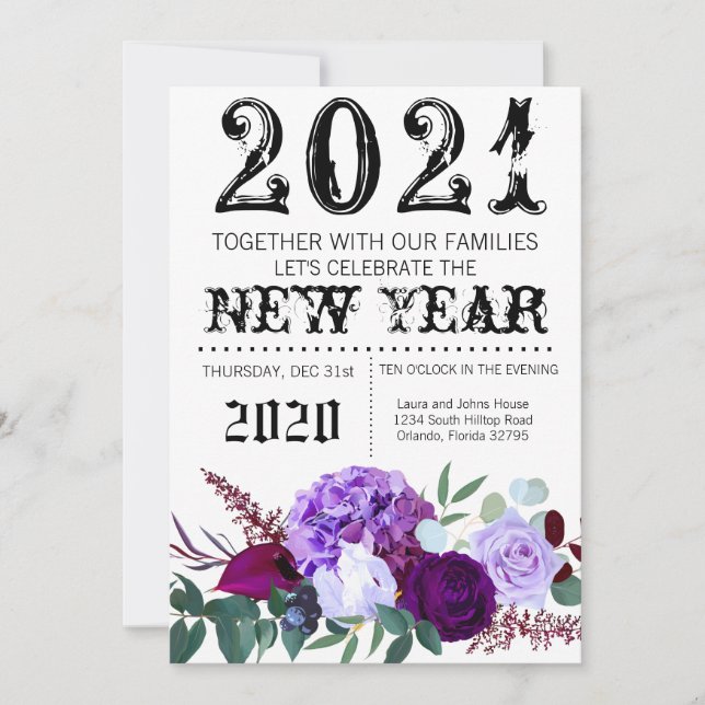 5x7  New Years Eve Invitation Lavender Hibiscus on (Front)