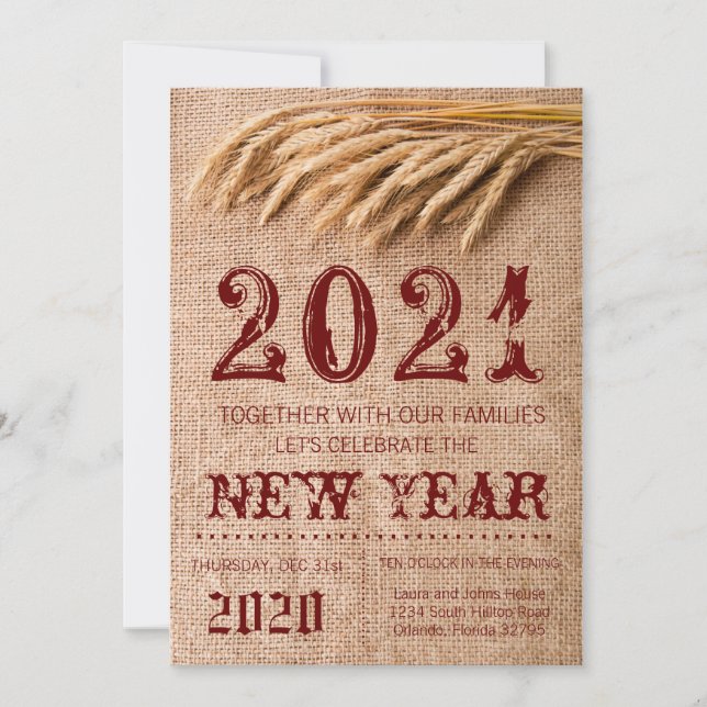 5x7  New Years Eve Invitation Wheat on Burlap Sack (Front)