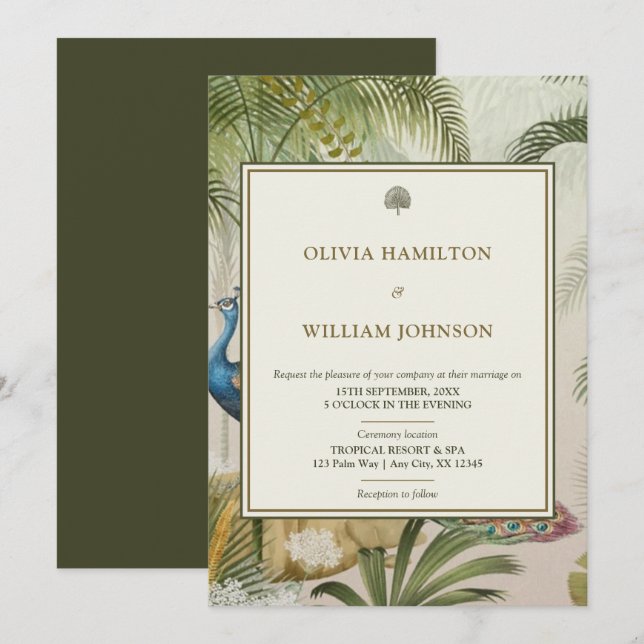 5x7 Olive Green Tropical Peacock Palm Wedding  Invitation (Front/Back)