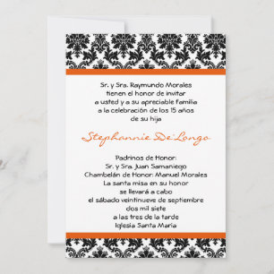 5x7 Orange Damask Quinceanera Invitation