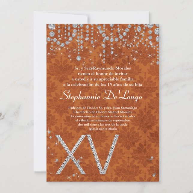 5x7 Orange Diamond Quinceanera Birthday Invitation (Front)