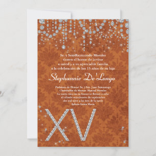 5x7 Orange Diamond Quinceanera Birthday Invitation