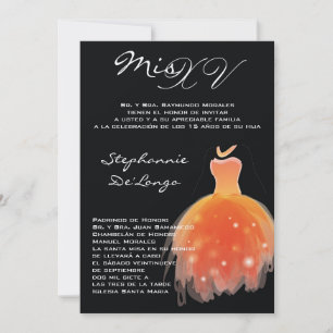 5x7 Orange Dress Quinceanera Birthday Invitation