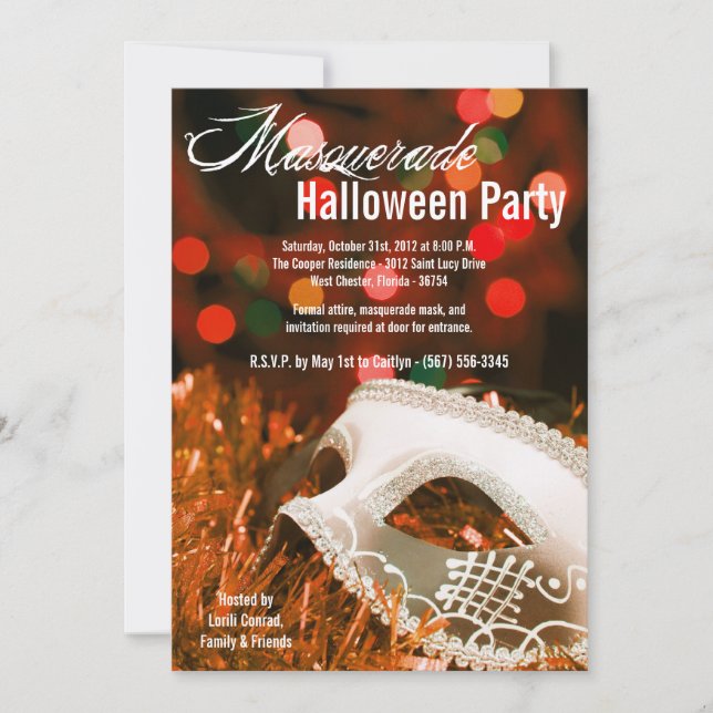 5x7 Orange Masquerade Halloween Costume Invitation (Front)