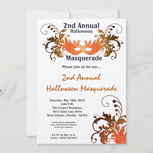 5x7 Orange Masquerade Halloween Costume Invitation (Front)