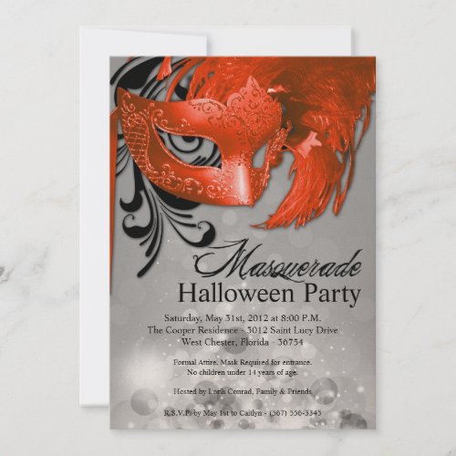 5x7 Orange Masquerade Halloween Invitation