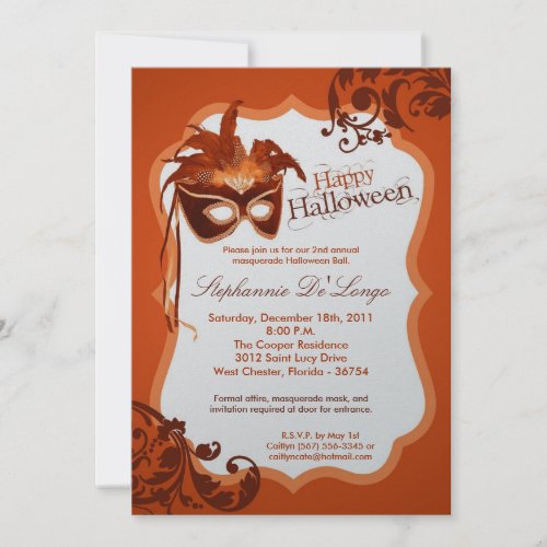 5x7 Orange Masquerade Mask Halloween Invitation