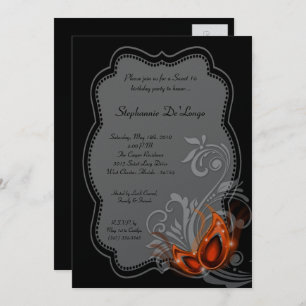 5x7 Orange Masquerade Sweet 16 Birthday Invitation