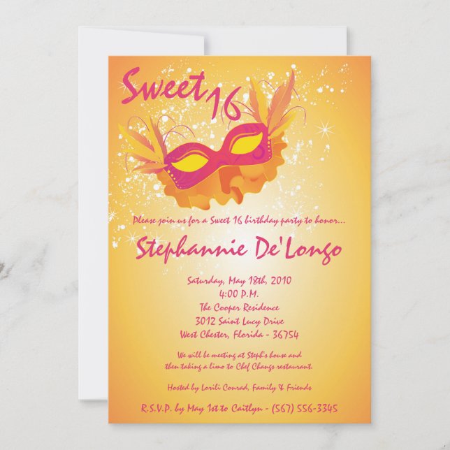 5x7 Orange Masquerade Sweet 16 Birthday Invitation (Front)