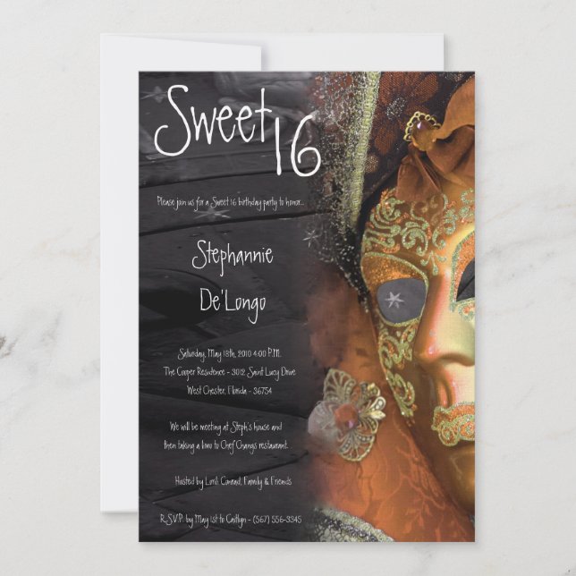 5x7 Orange Masquerade Sweet 16 Birthday Invitation (Front)