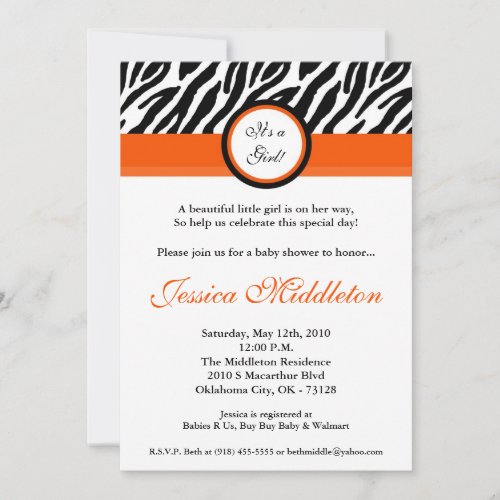 5x7 Orange Zebra Print Baby Shower Invitation