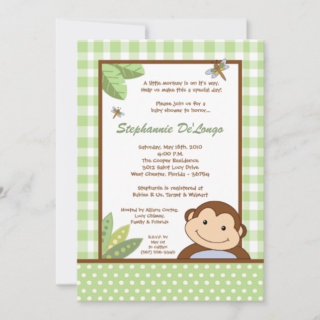 5x7 Papagayo Monkey Safari Baby Shower Invitation (Front)