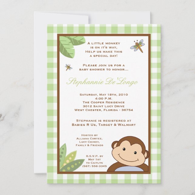 5x7 Papagayo Monkey Safari Baby Shower Invitation (Front)
