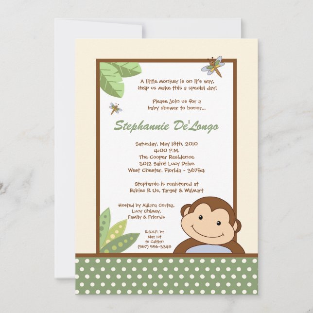 5x7 Papagayo Monkey Safari Baby Shower Invitation (Front)