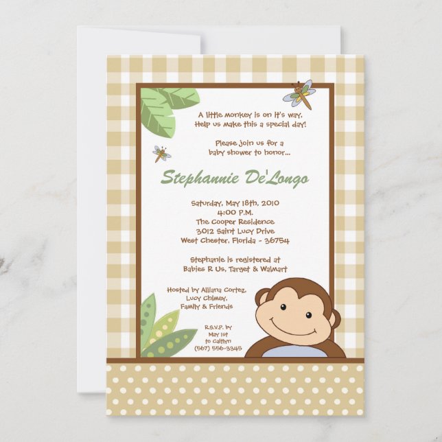 5x7 Papagayo Monkey Safari Baby Shower Invitation (Front)