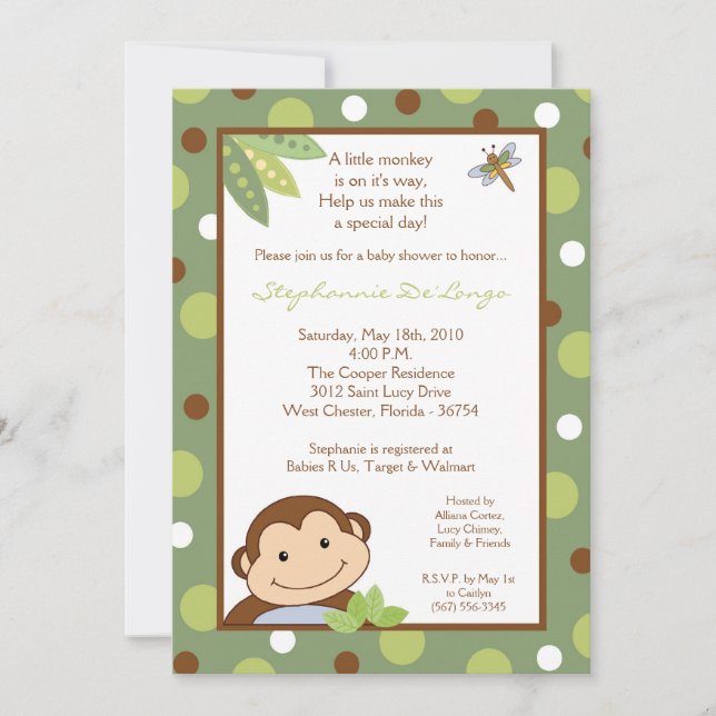 5x7 Papagayo Monkey Safari Baby Shower Invitation (Front)