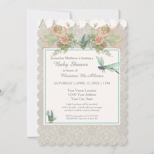 5x7 Paper Invitation Baby Shower Fairy Teacup (Back)