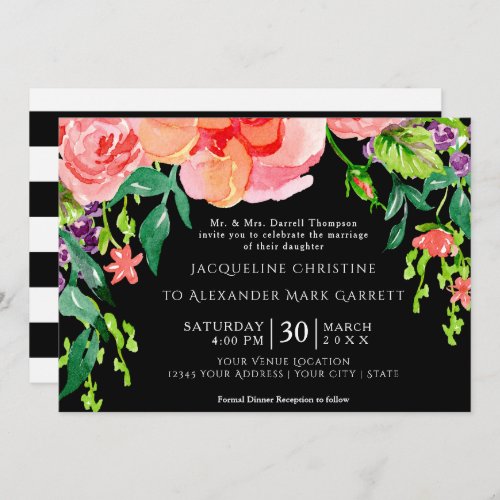 5x7 Paper Modern Watercolor Rose Floral Striped Invitation