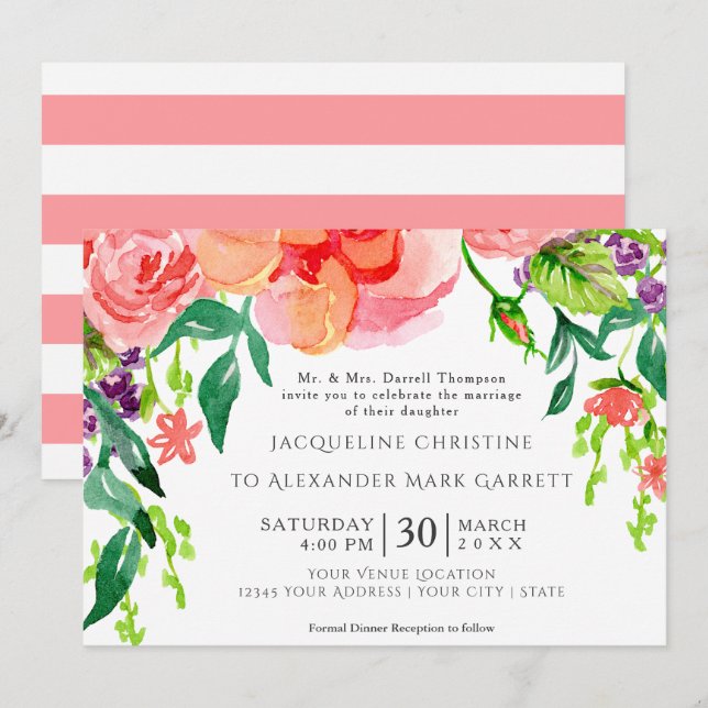 5x7 Paper Modern Watercolor Rose Floral Wedding Invitation (Front/Back)