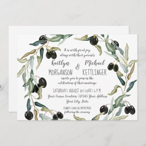 5x7 Paper Olive Leaf Wreath Watercolor Typography Invitation