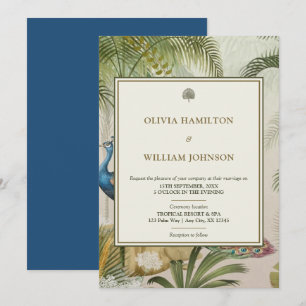 5x7 Peacock Blue Tropical Peacock Palm Wedding  Invitation