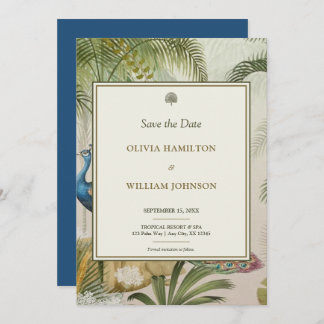 5x7 Peacock Blue Tropical Peacock Palm Wedding Save The Date