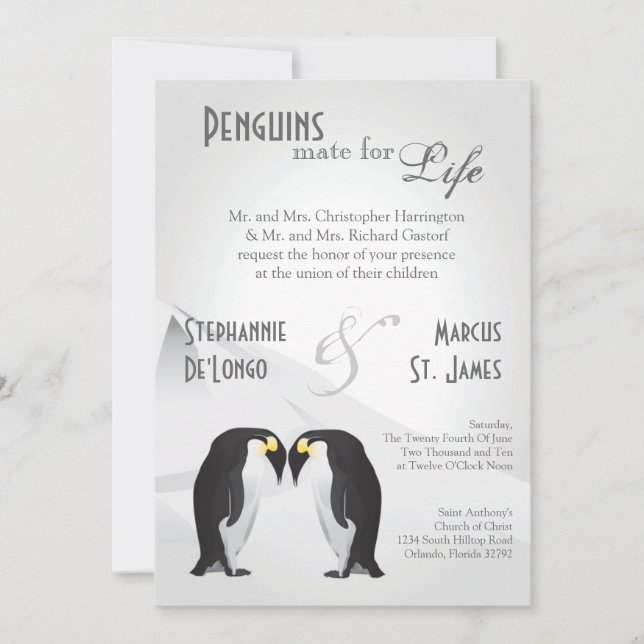 5x7 Penguins Mate for Life Gray Wedding Invitation (Front)