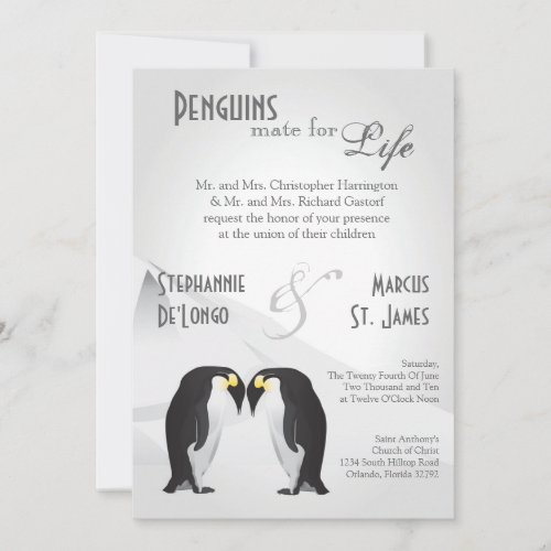 5x7 Penguins Mate for Life Gray Wedding Invitation