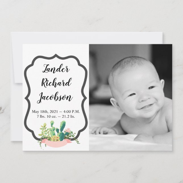 5x7 Photo Birth Announcement Army Bohemian Cactus (Front)