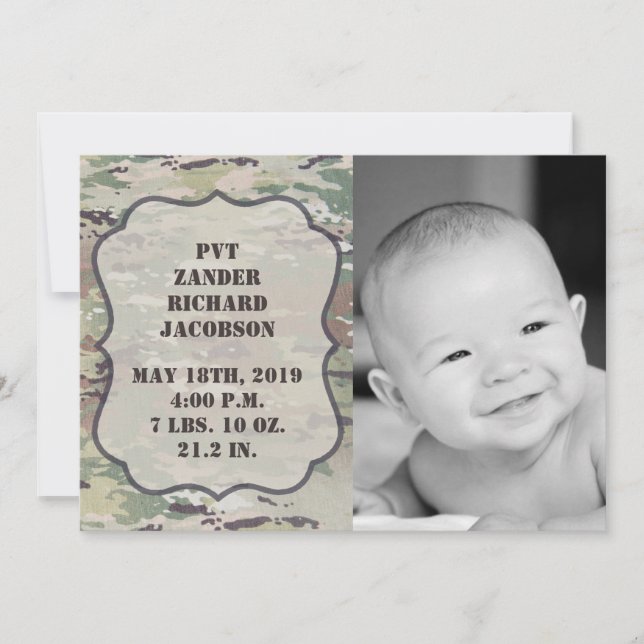 5x7 Photo Birth Announcement Army OCP Camo Uniform (Front)