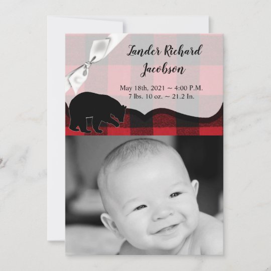 5x7 Photo Birth Announcement Army Red Buffalo Bear