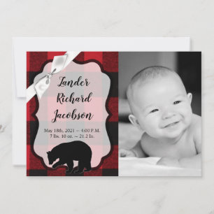5x7 Photo Birth Announcement Army Red Buffalo Bear