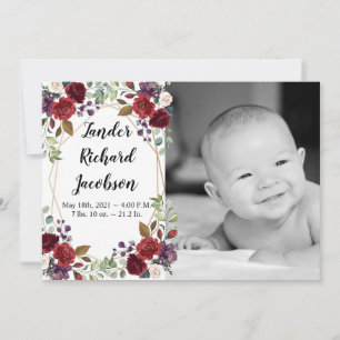 5x7 Photo Birth Announcement Army White Roses Gold