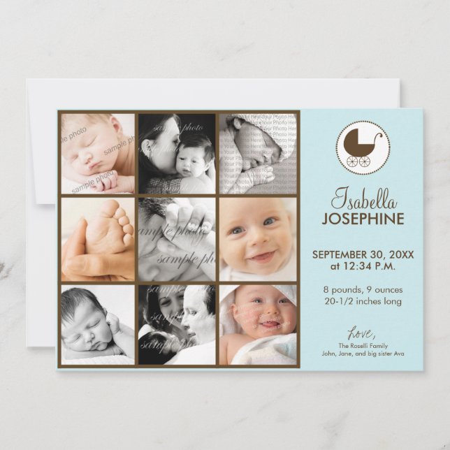 5x7 Photo Collage Blue Baby Birth Announcement (Front)