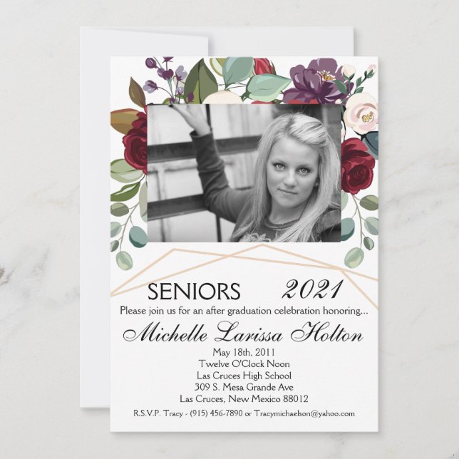 5x7 Photo Graduation Party Invitation White Roses (Front)