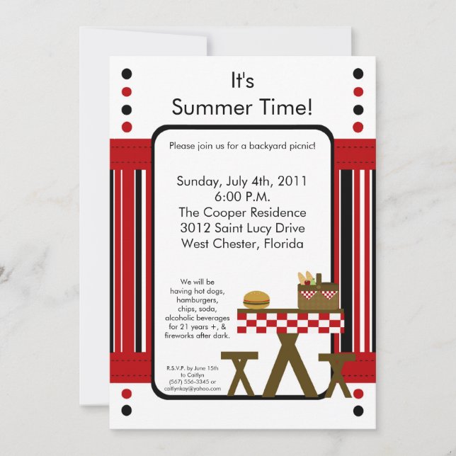 5x7 Picnic Summer Barbecue Party Invitation (Front)